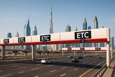 Dubai toll road system with electronic gates and city skyline
