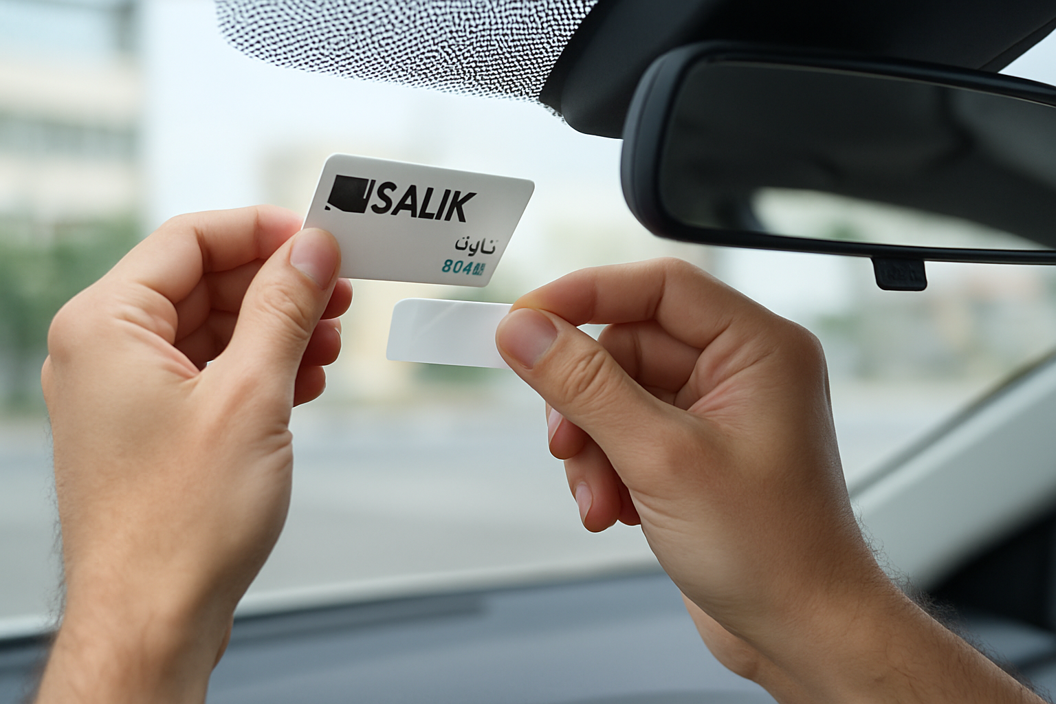 Salik tag installation on a vehicle windshield