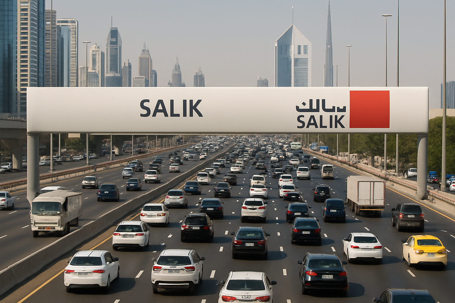 Salik toll gate on a busy Dubai highway